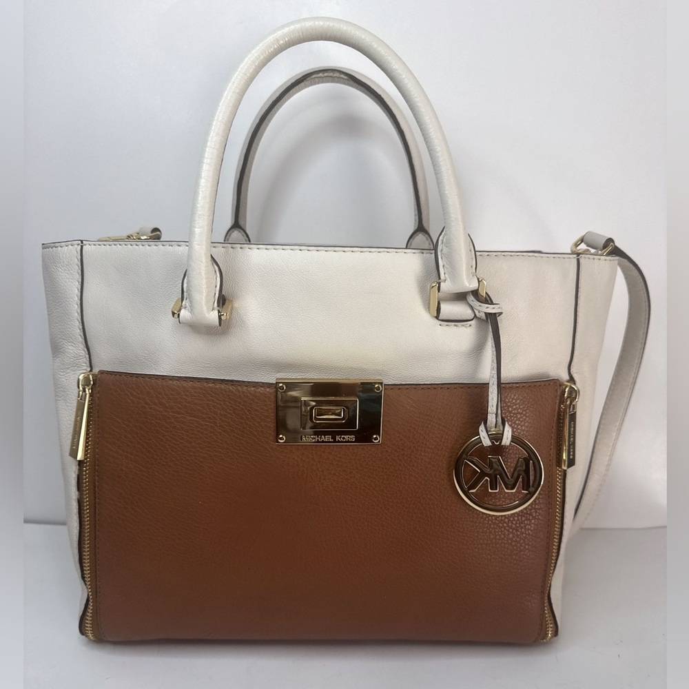 Michael Kors Saffiano Satchell Crossbody Two Toned white/tan leather Handbag